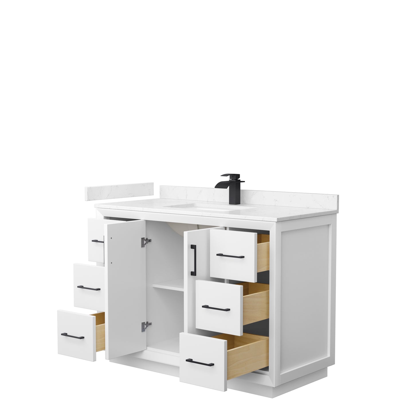 Strada 48" Single Vanity in White, Carrara  Marble Top, Sink, Black Trim