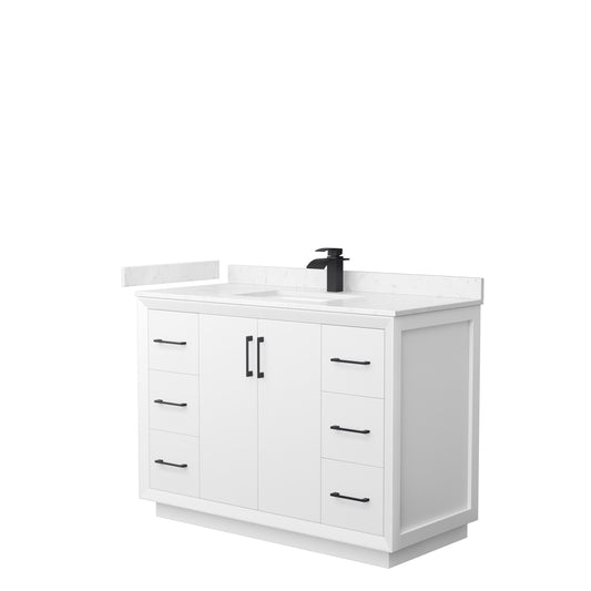 Strada 48" Single Vanity in White, Carrara  Marble Top, Sink, Black Trim
