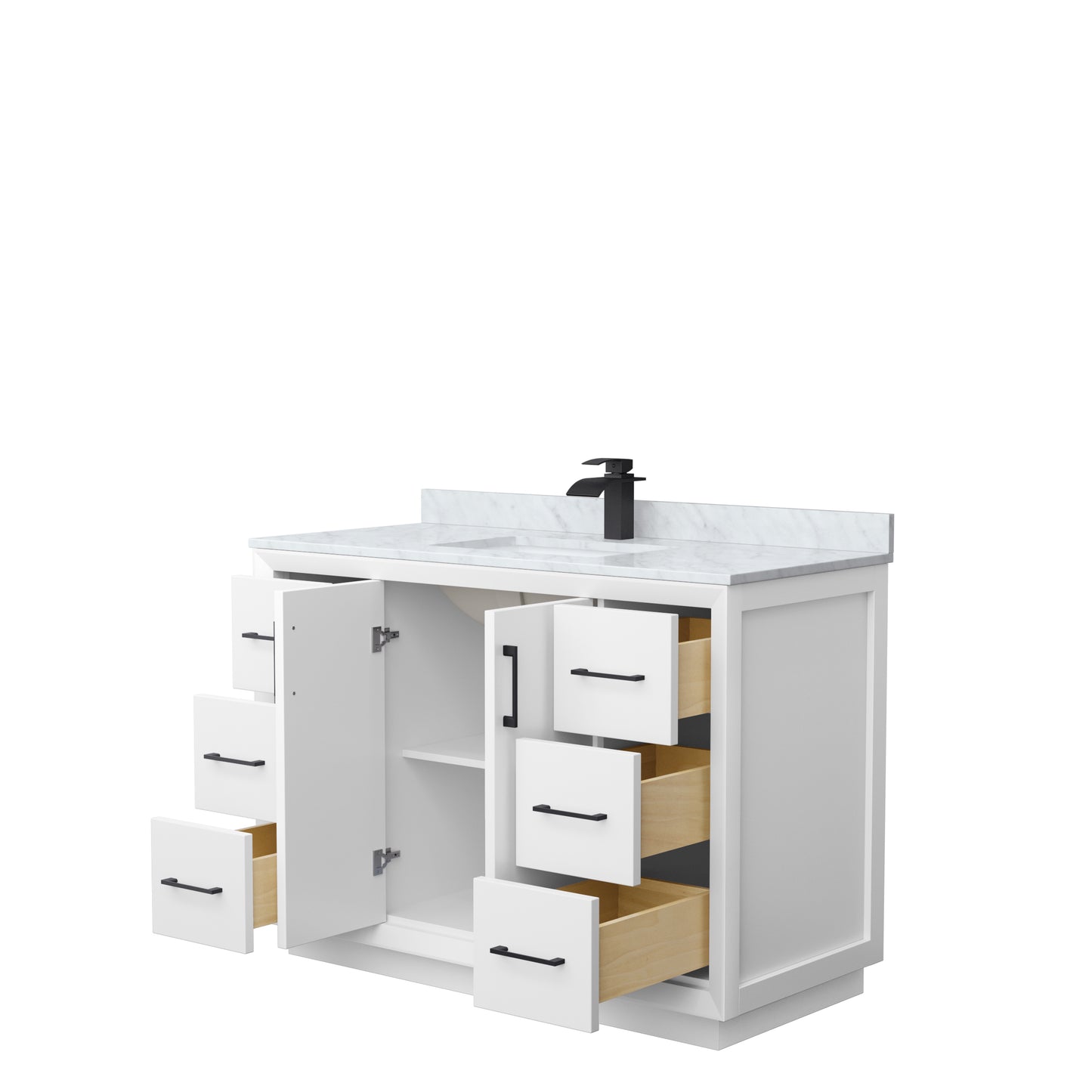 Strada 48" Single Vanity in White, White Carrara Marble Top, Sink, Black Trim
