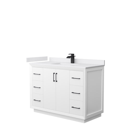 Strada 48" Single Vanity in White, White  Marble Top, Sink, Black Trim