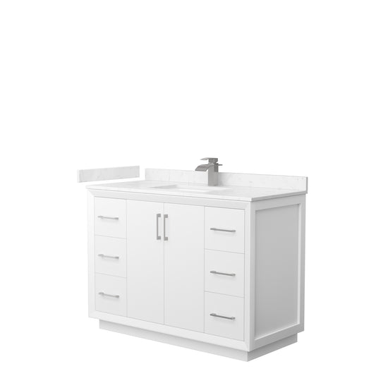 Strada 48" Single Vanity in White, Carrara  Marble Top, Sink, Nickel Trim