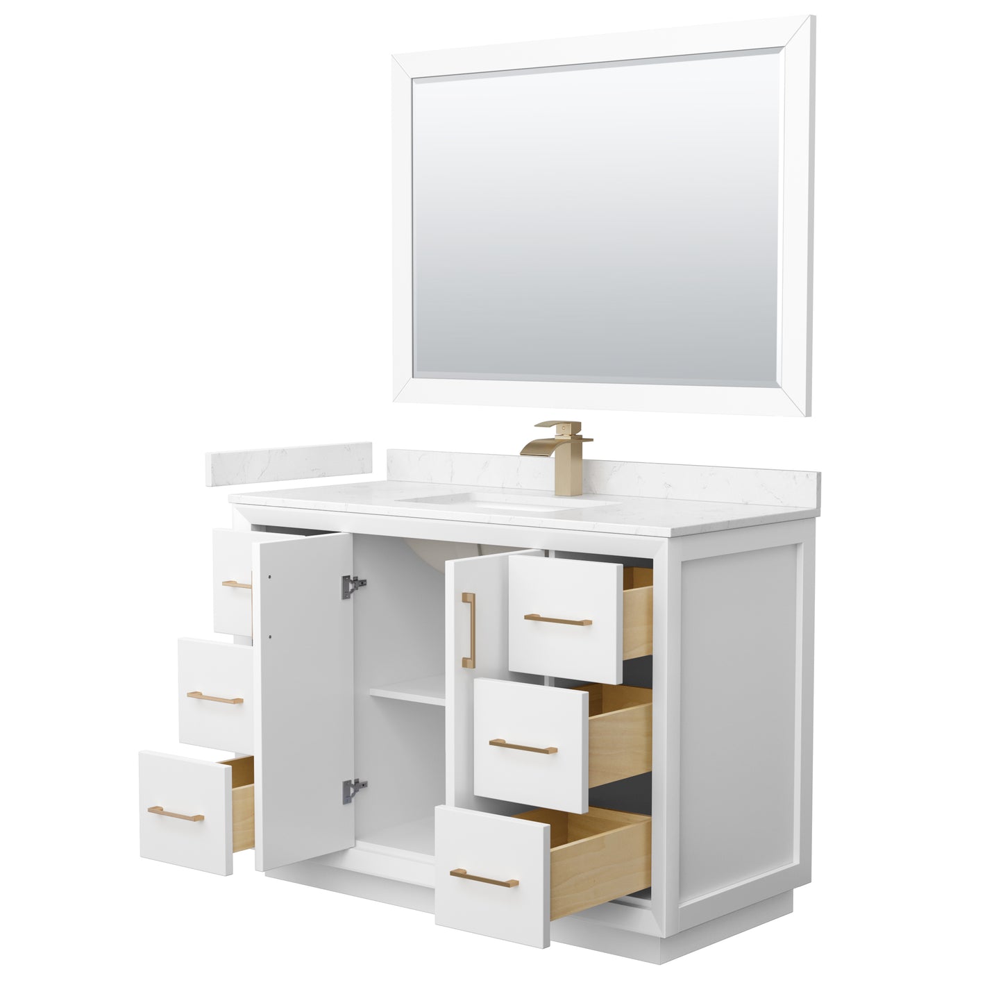 Strada 48" White Single Vanity, Marble Top, Sink, Bronze Trim, 46" Mirror