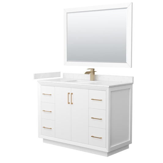 Strada 48" White Single Vanity, Marble Top, Sink, Bronze Trim, 46" Mirror