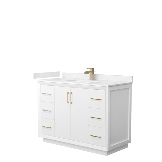 Strada 48" Single Vanity in White, Carrara  Marble Top, Sink, Bronze Trim