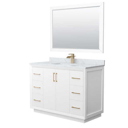 Strada 48" Single Vanity in White, Marble Top, Sink, Bronze Trim, 46" Mirror