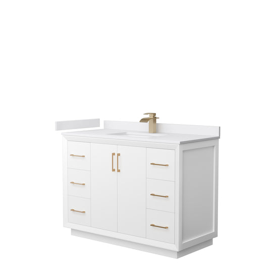 Strada 48" Single Vanity in White, White  Marble Top, Sink, Bronze Trim