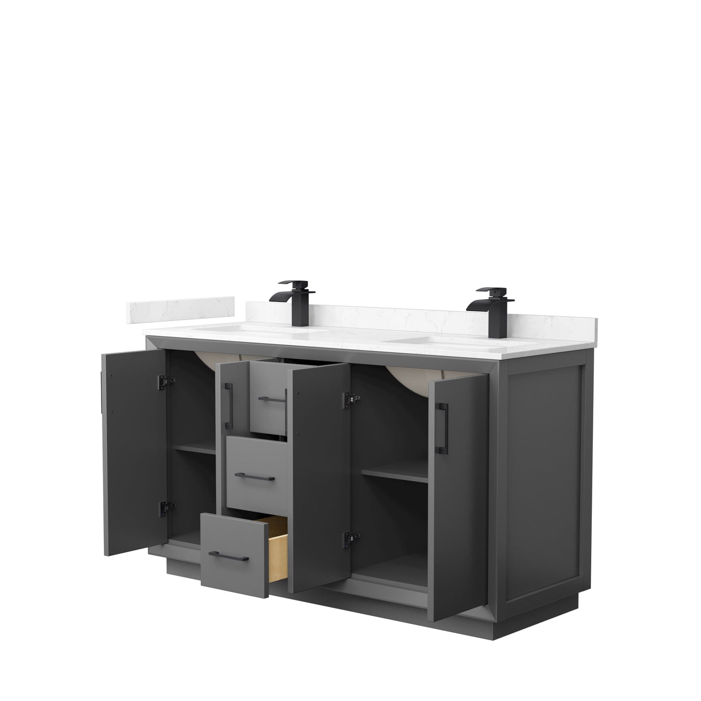 Strada 60" Double Vanity in Gray, Carrara  Marble Top, Sink, Black Trim