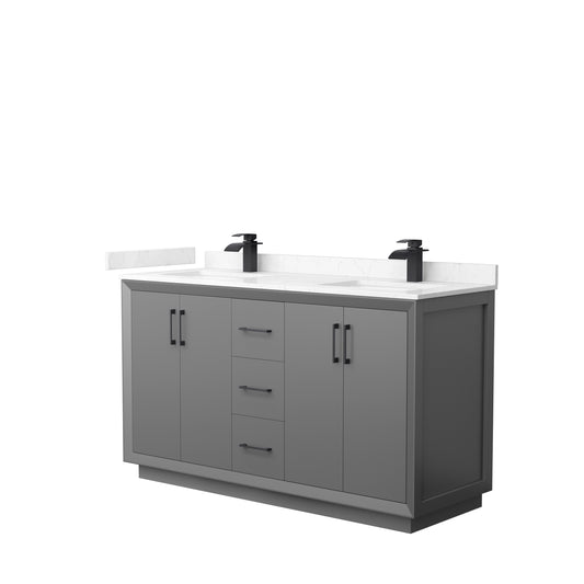 Strada 60" Double Vanity in Gray, Carrara  Marble Top, Sink, Black Trim