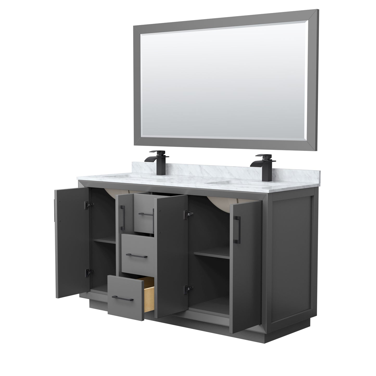 Strada 60" Double Vanity in Gray, Marble Top, Sink, Black Trim, 58" Mirror
