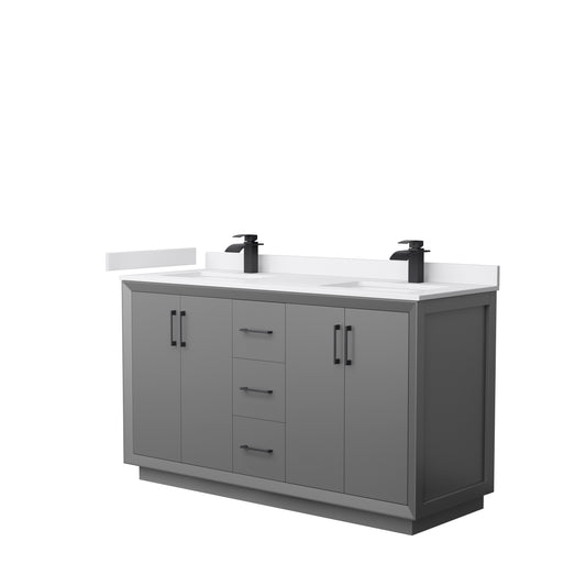 Strada 60" Double Vanity in Gray, White  Marble Top, Sink, Black Trim