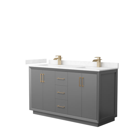 Strada 60" Double Vanity in Gray, Carrara  Marble Top, Sink, Bronze Trim