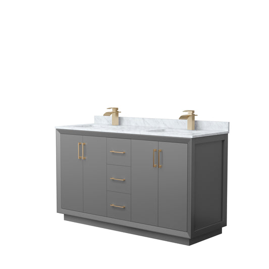 Strada 60" Double Vanity in Gray, White Carrara Marble Top, Sink, Bronze Trim