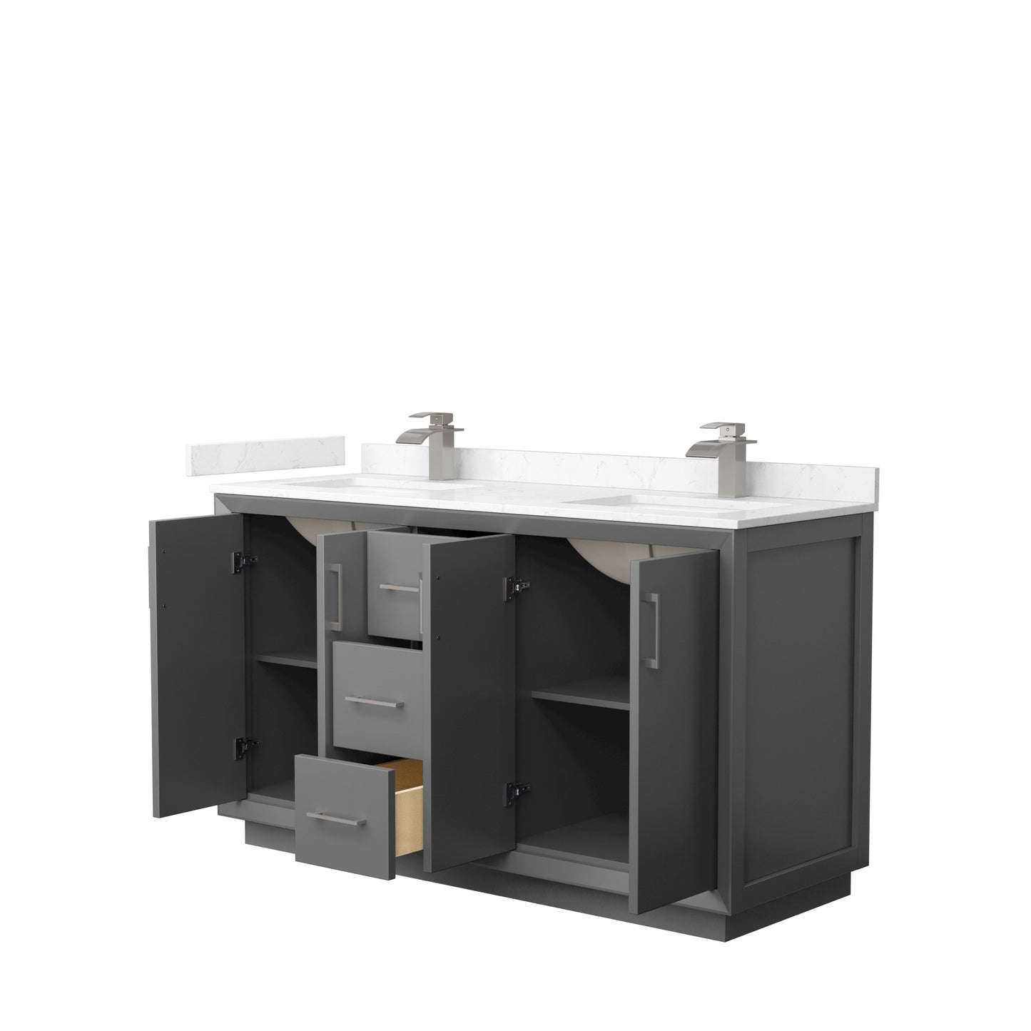 Strada 60" Double Vanity in Gray, Carrara  Marble Top, Sink, Nickel Trim