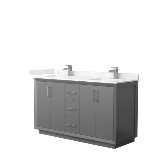 Strada 60" Double Vanity in Gray, Carrara  Marble Top, Sink, Nickel Trim