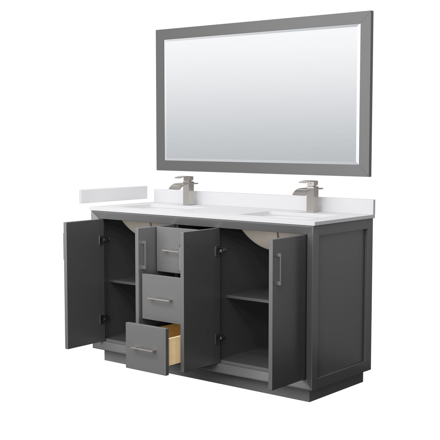 Strada 60" Gray Double Vanity, White Marble Top, Sink, Nickel Trim, 58" Mirror