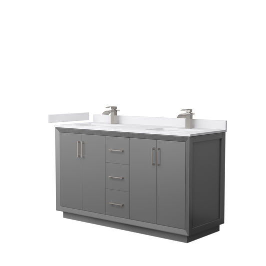 Strada 60" Double Vanity in Gray, White  Marble Top, Sink, Nickel Trim