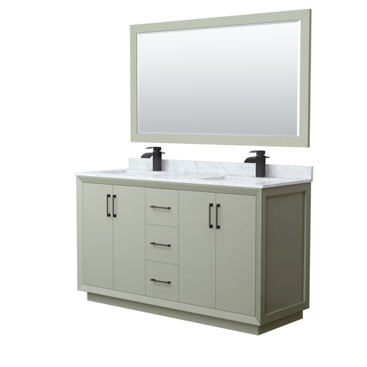 Strada 60" Double Vanity in Green, Marble Top, Sinks, Black Trim, 58" Mirror