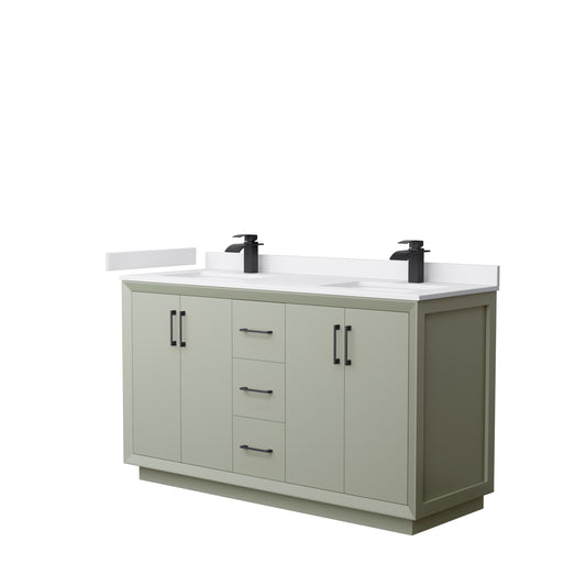 Strada 60" Double Vanity in Green, White  Marble Top, Sinks, Black Trim