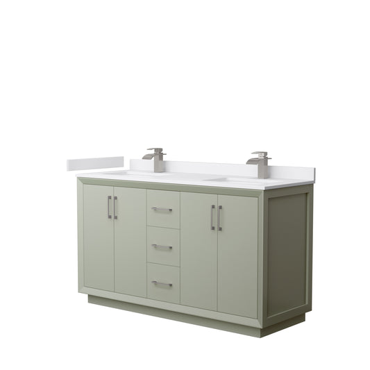 Strada 60" Double Vanity in Green, White  Marble Top, Sinks, Nickel Trim