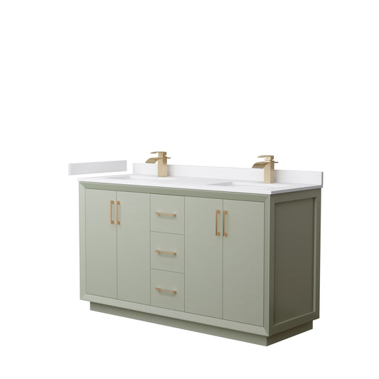 Strada 60" Double Vanity in Green, White  Marble Top, Sinks, Bronze Trim
