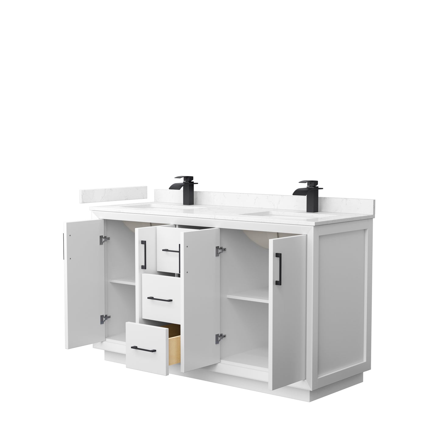Strada 60" Double Vanity in White, Carrara  Marble Top, Sink, Black Trim