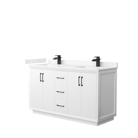 Strada 60" Double Vanity in White, Carrara  Marble Top, Sink, Black Trim