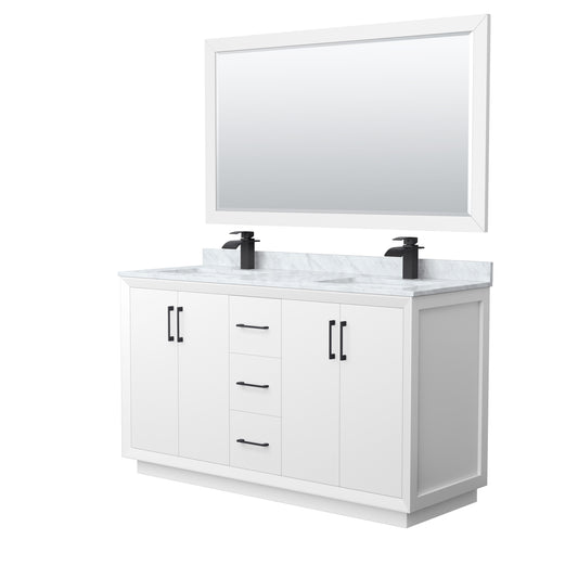 Strada 60" Double Vanity in White, Marble Top, Sink, Black Trim, 58" Mirror