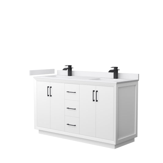 Strada 60" Double Vanity in White, White  Marble Top, Sink, Black Trim