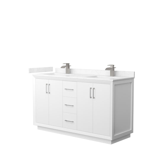 Strada 60" Double Vanity in White, Carrara  Marble Top, Sink, Nickel Trim