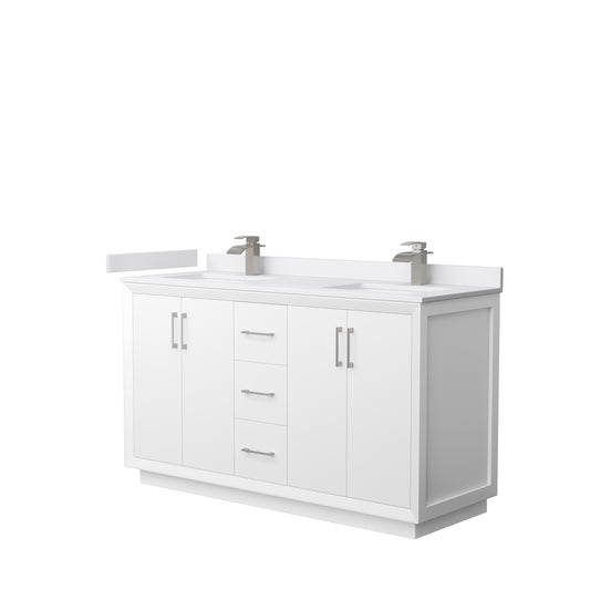 Strada 60" Double Vanity in White, White  Marble Top, Sink, Nickel Trim