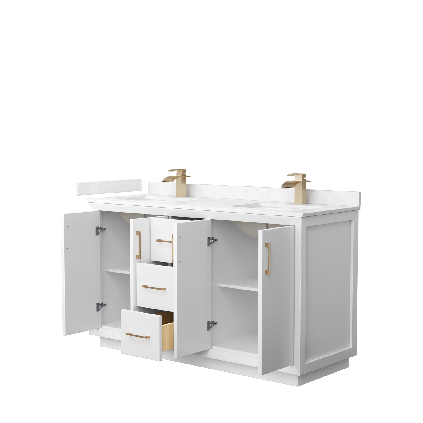 Strada 60" Double Vanity in White, Carrara  Marble Top, Sink, Bronze Trim