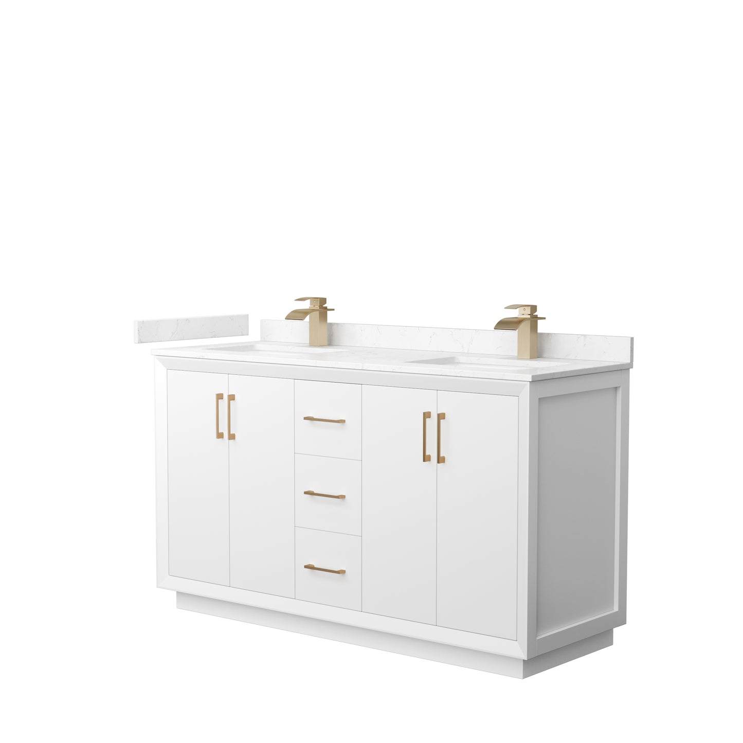 Strada 60" Double Vanity in White, Carrara  Marble Top, Sink, Bronze Trim