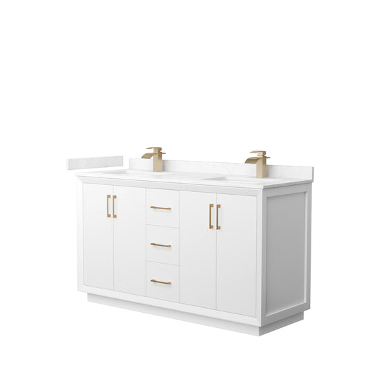 Strada 60" Double Vanity in White, Carrara  Marble Top, Sink, Bronze Trim