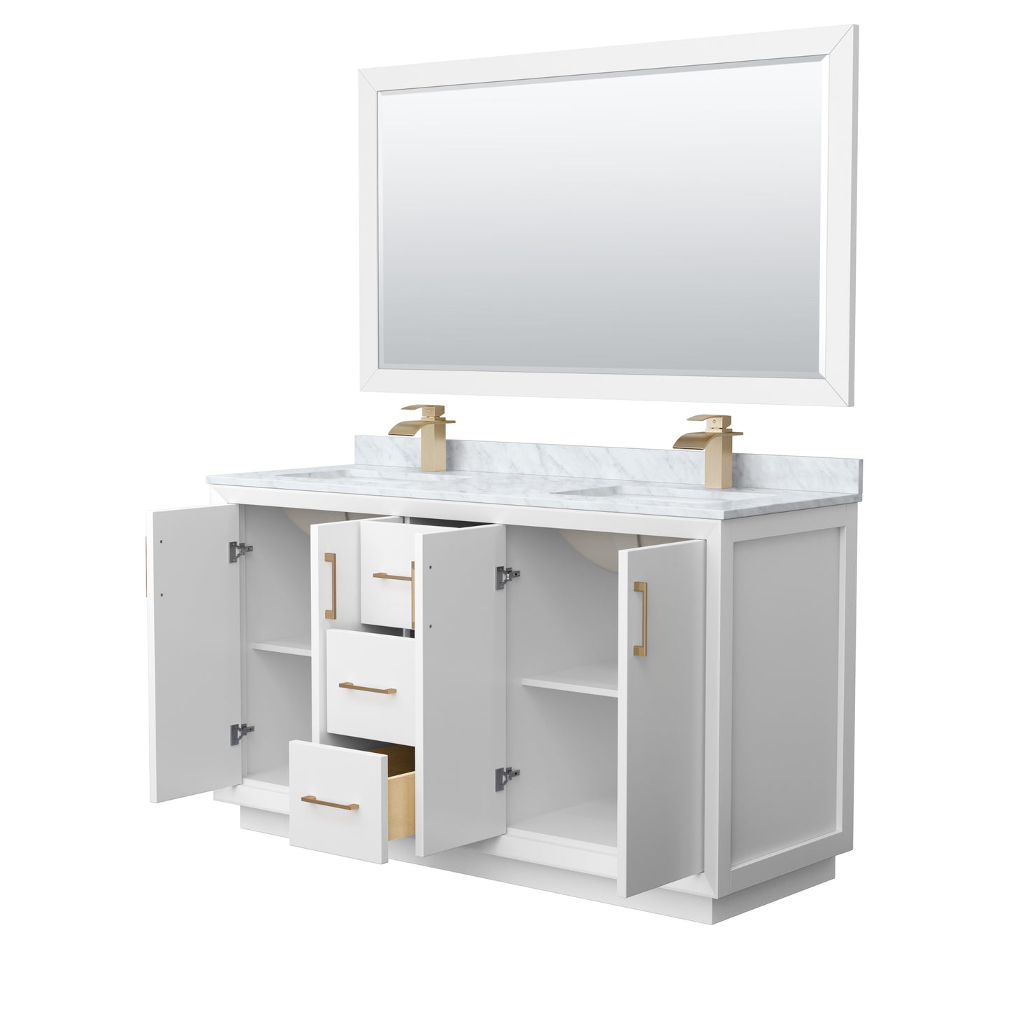 Strada 60" Double Vanity in White, Marble Top, Sink, Bronze Trim, 58" Mirror