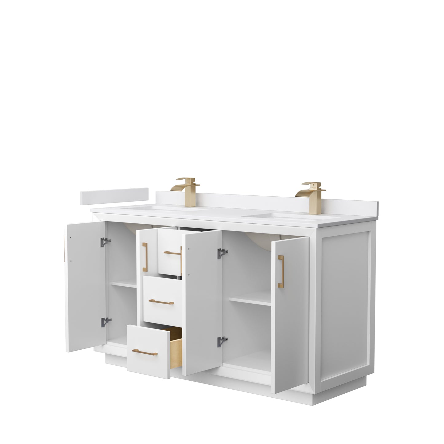 Strada 60" Double Vanity in White, White  Marble Top, Sink, Bronze Trim