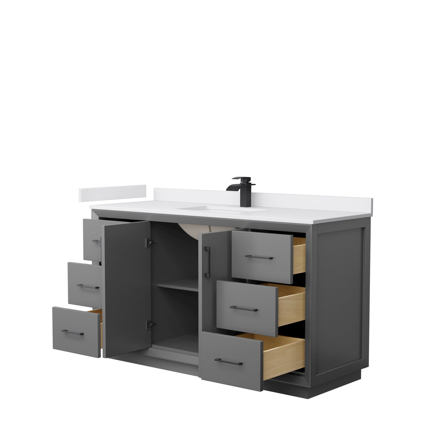 Strada 60" Single Vanity in Gray, White  Marble Top, Sink, Black Trim