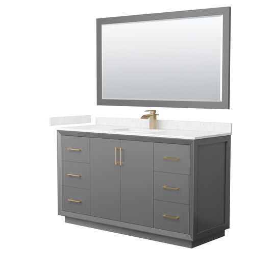 Strada 60" Gray Single Vanity, Carrara Marble Top, Sink, Bronze Trim, 58" Mirror