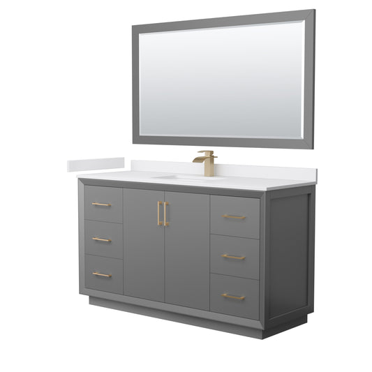 Strada 60" Gray Single Vanity, White Marble Top, Sink, Bronze Trim, 58" Mirror