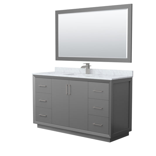 Strada 60" Single Vanity in Gray, Marble Top, Sink, Nickel Trim, 58" Mirror