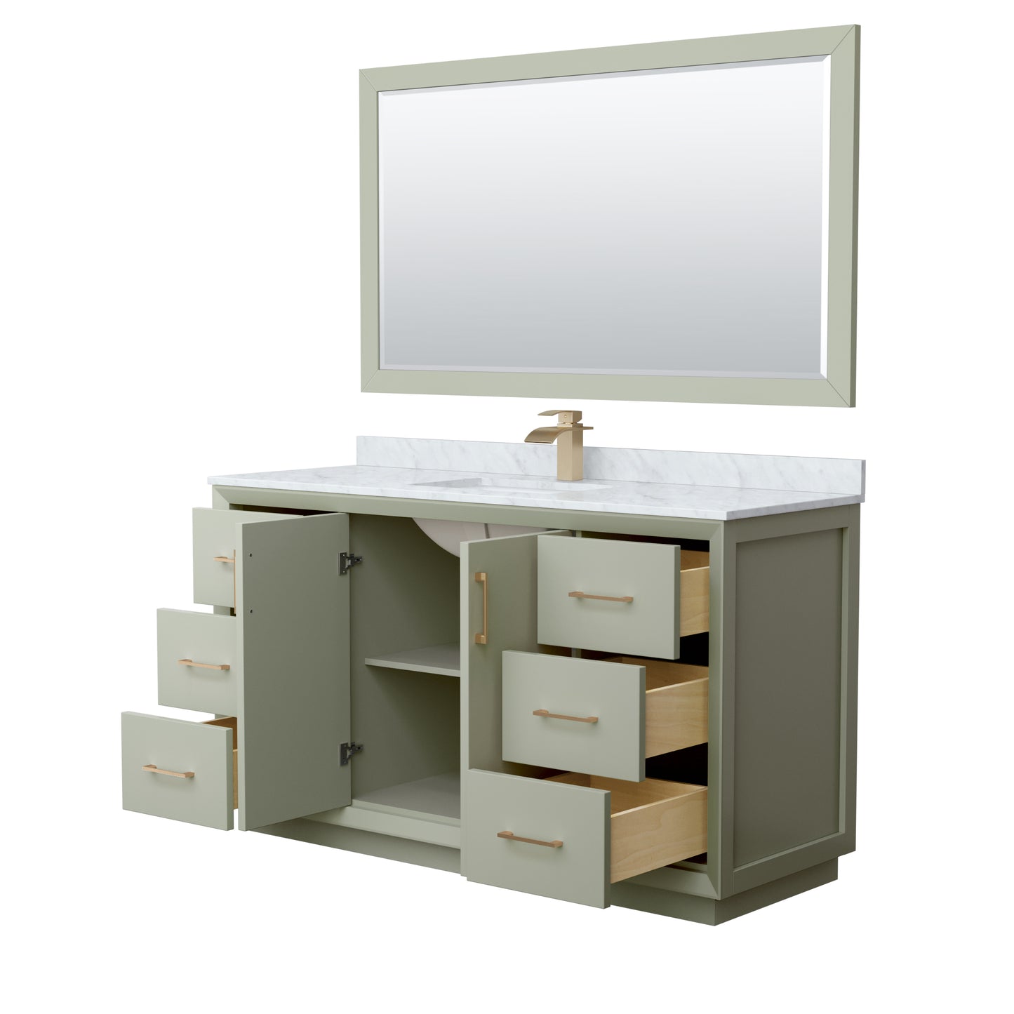Strada 60" Single Vanity in Green, Marble Top, Sink, Bronze Trim, 58" Mirror
