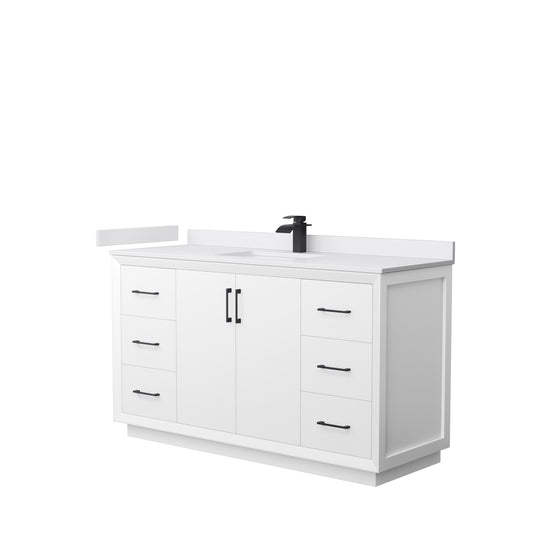 Strada 60" Single Vanity in White, White  Marble Top, Sink, Black Trim