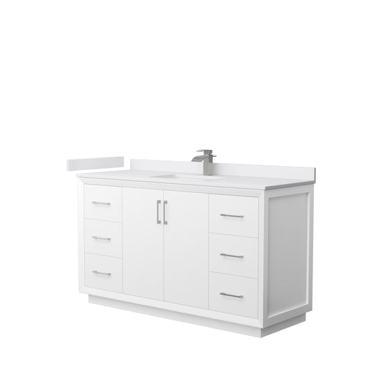Strada 60" Single Vanity in White, White  Marble Top, Sink, Nickel Trim