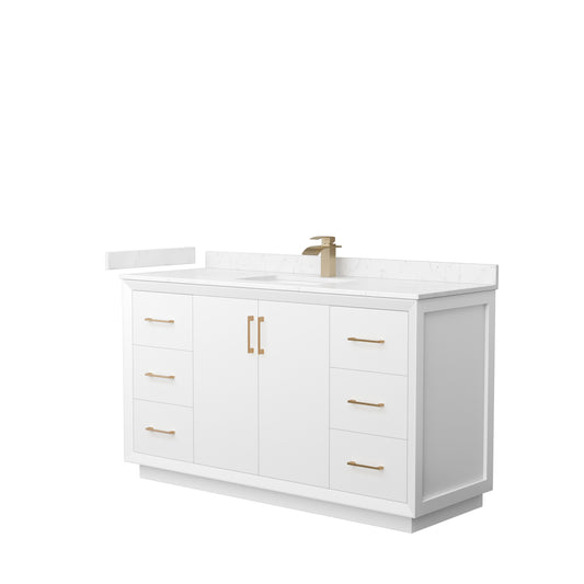Strada 60" Single Vanity in White, Carrara  Marble Top, Sink, Bronze Trim
