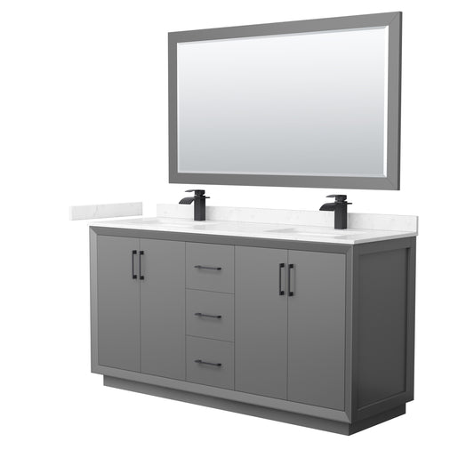 Strada 66" Gray Double Vanity, Carrara Marble Top, Sink, Black Trim, 58" Mirror