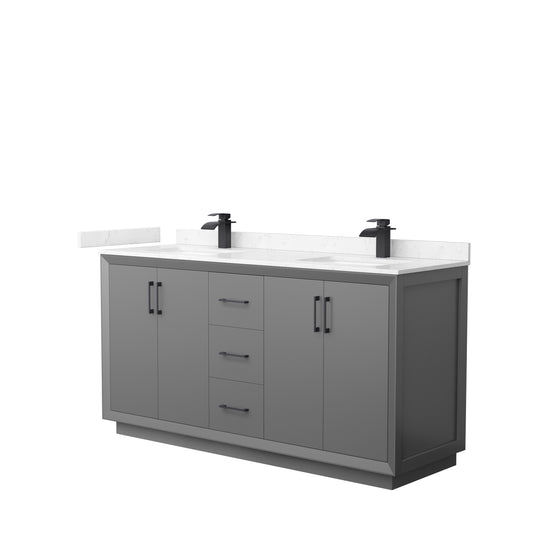 Strada 66" Double Vanity in Gray, Carrara  Marble Top, Sink, Black Trim