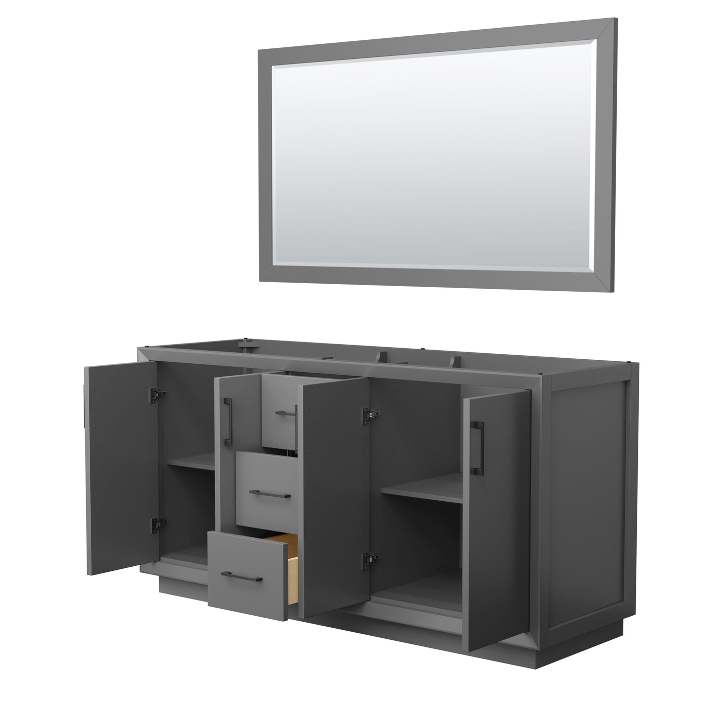 Strada 66 Inch Double Vanity in Dark Gray, Matte Black Trim, 58 Inch Mirror