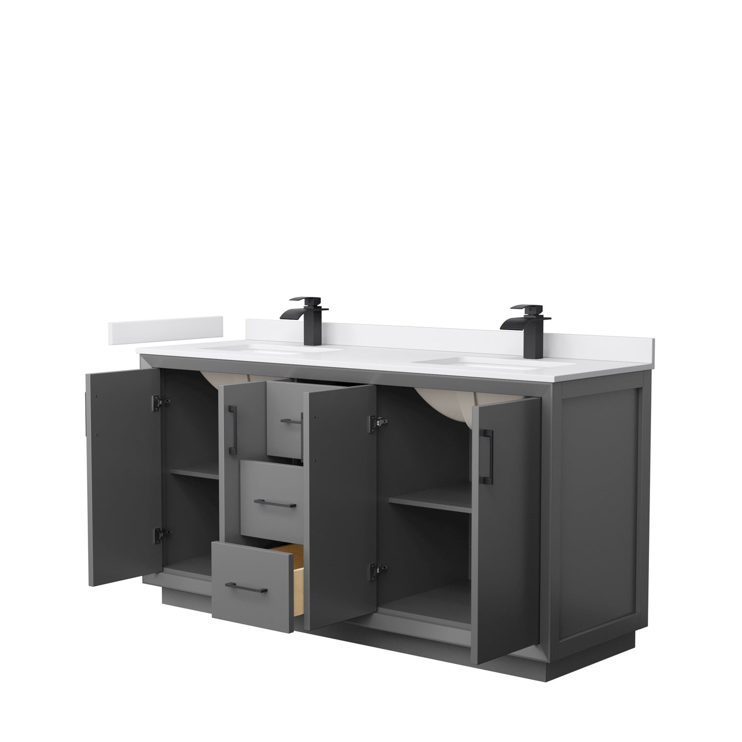 Strada 66" Double Vanity in Gray, White  Marble Top, Sink, Black Trim