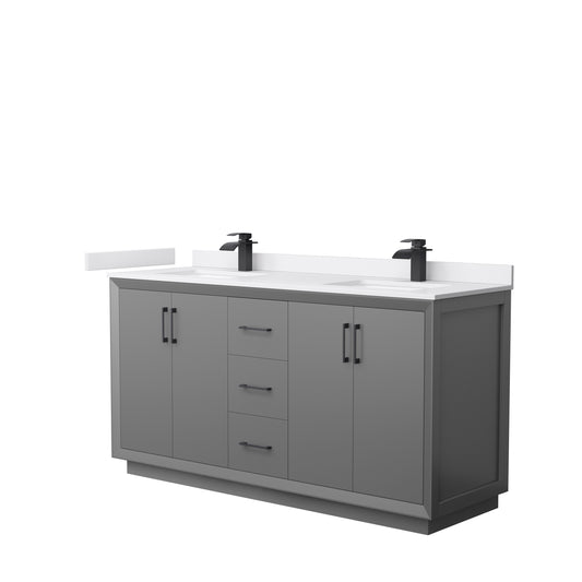 Strada 66" Double Vanity in Gray, White  Marble Top, Sink, Black Trim