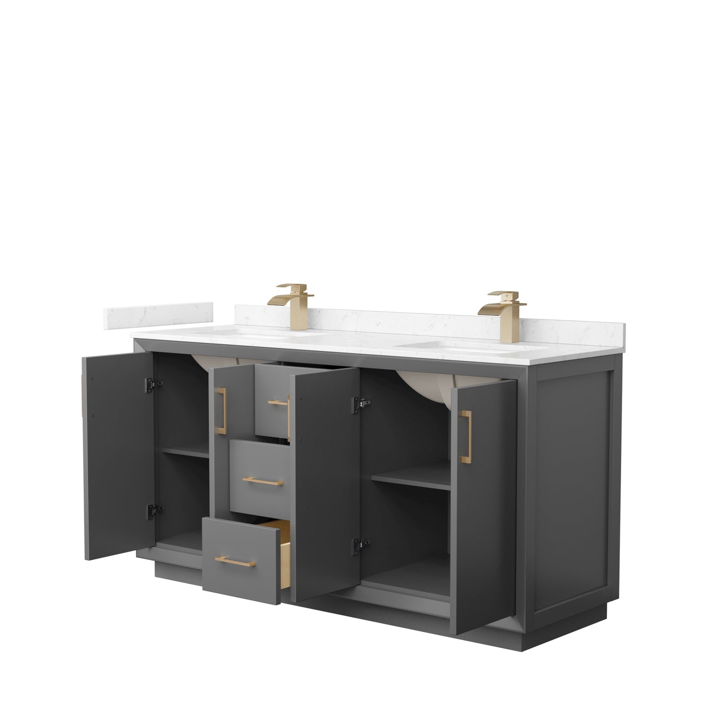 Strada 66" Double Vanity in Gray, Carrara  Marble Top, Sink, Bronze Trim