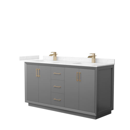 Strada 66" Double Vanity in Gray, Carrara  Marble Top, Sink, Bronze Trim
